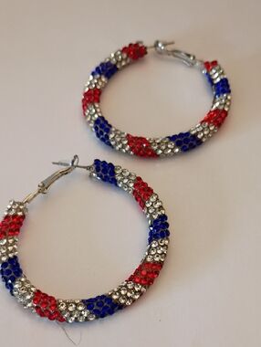 Tricolor Crystal Hoop Earrings — Red, Blue & Silver Sparkle
